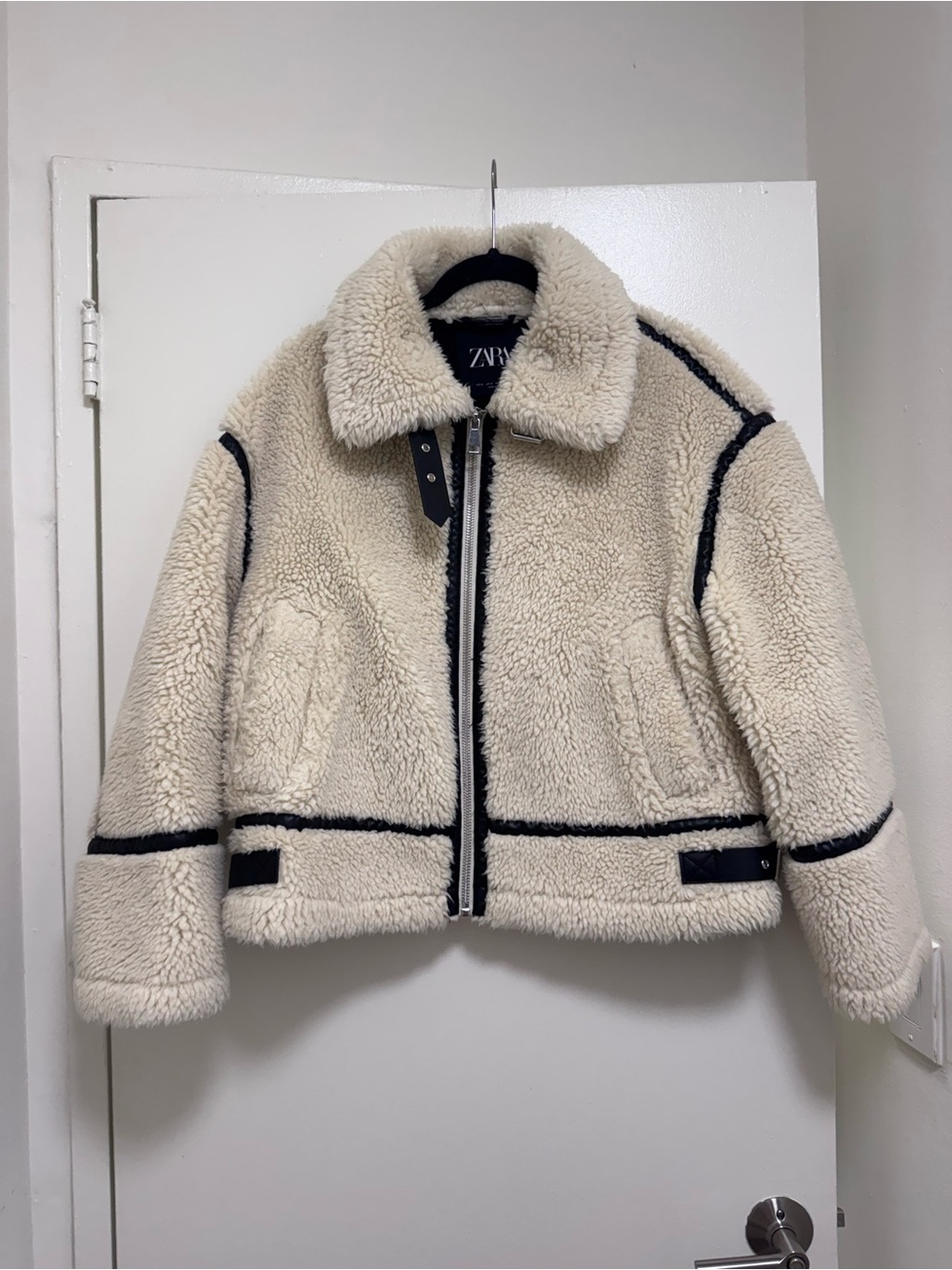 Zara Cream Faux-Shearling oversized Jacket with Black Trim Details